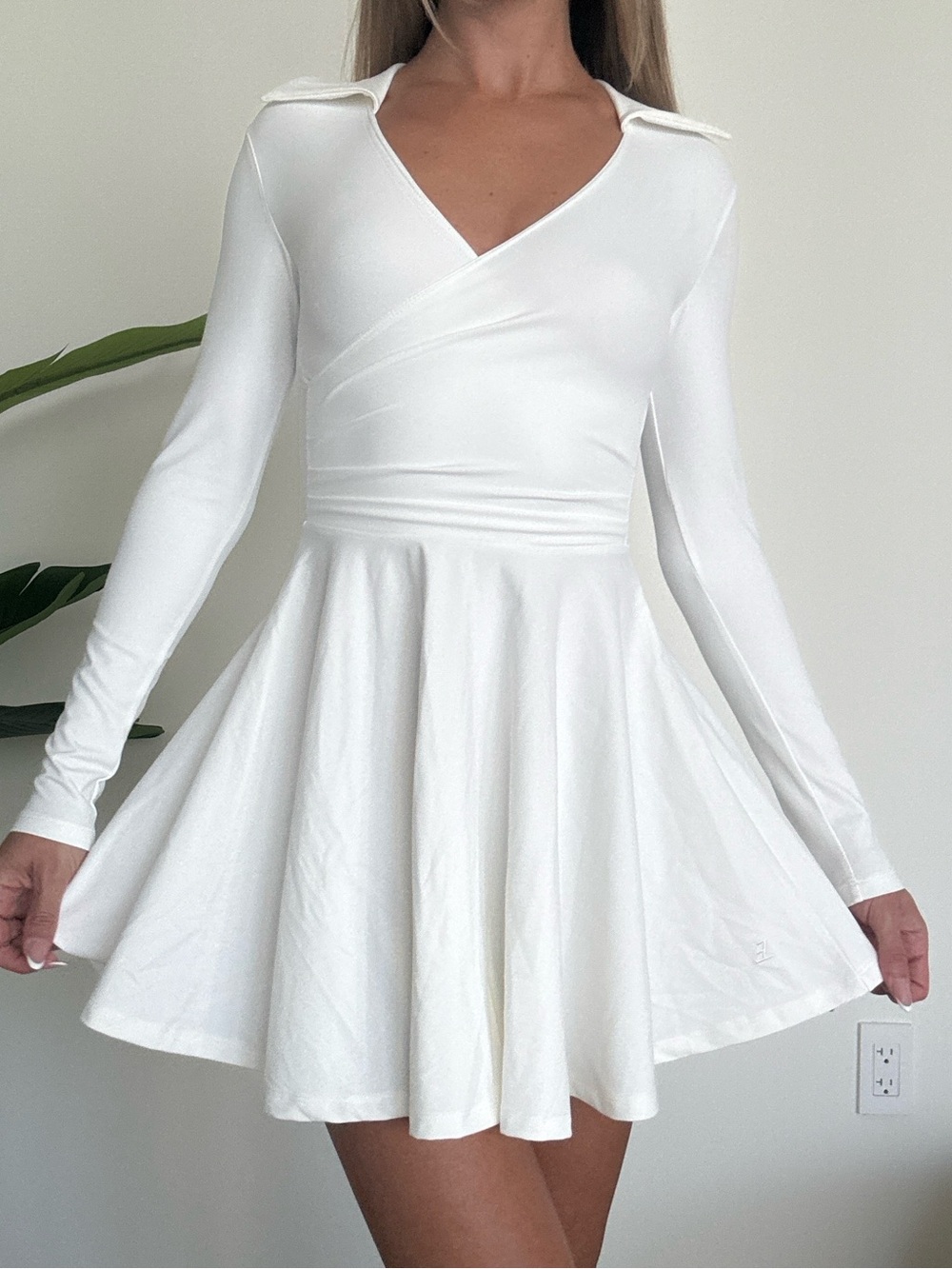 White Long-Sleeve Wrap Fit & Flare Dress